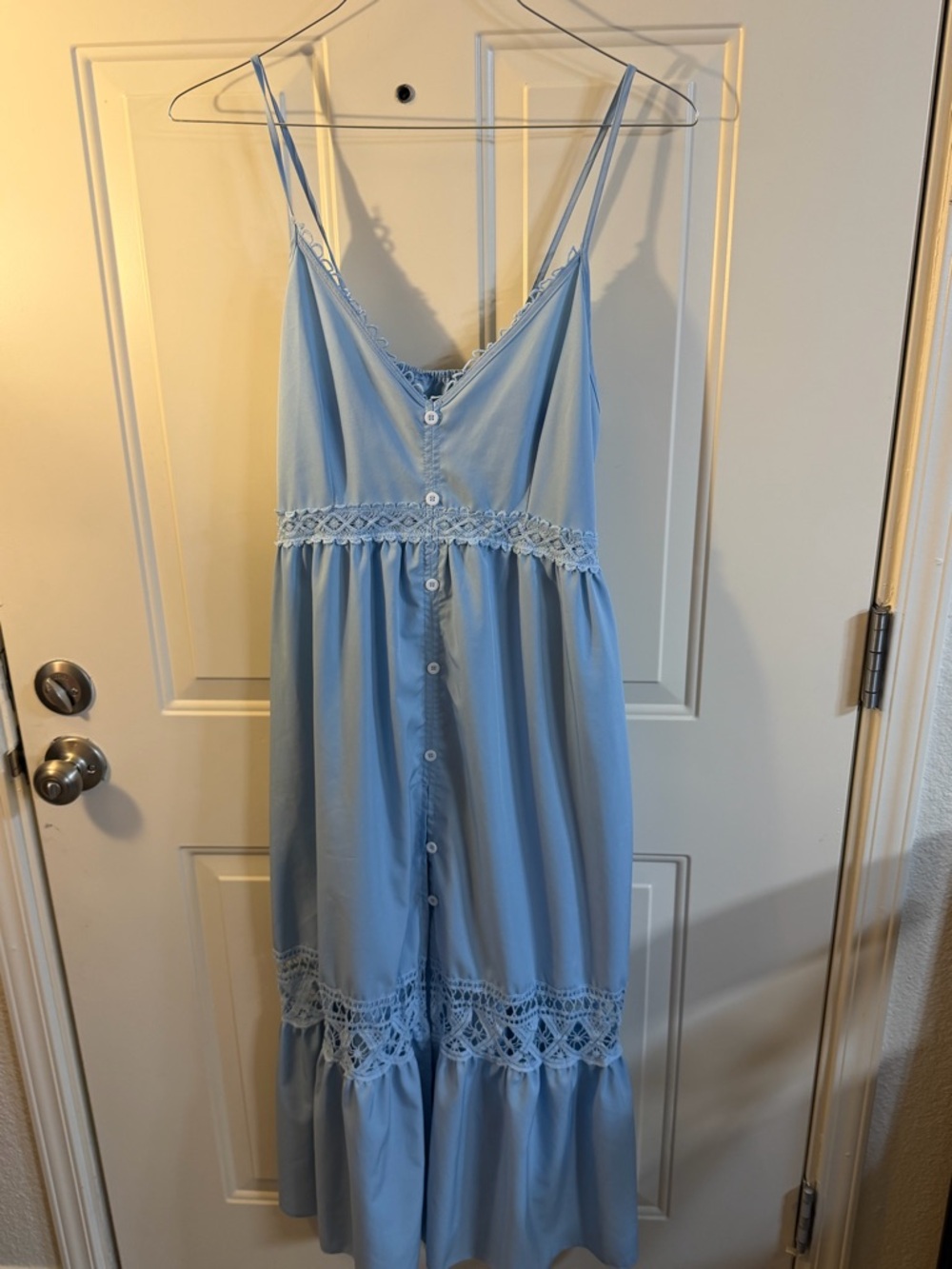 Baby Blue Cottagecore Lace Trim Maxi Dress Size L Flowy Romantic